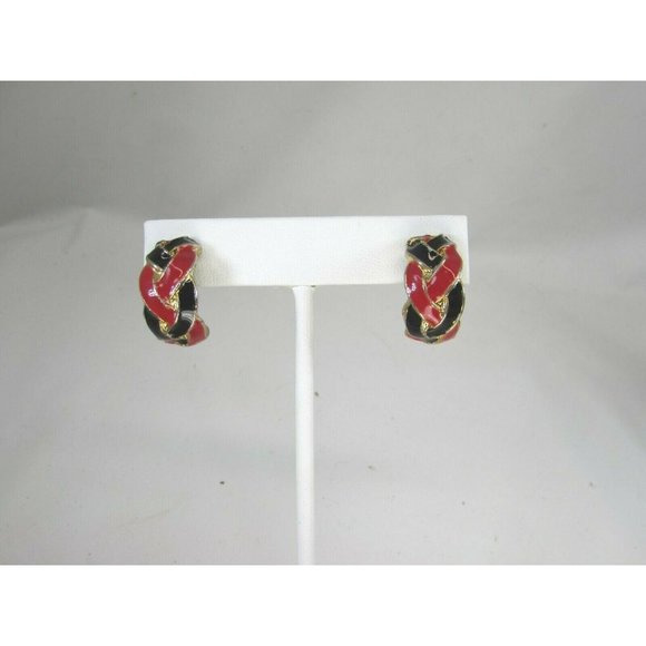 Vintage Red Blue Braided Enamel Pierced Earrings 51524 - Picture 4 of 6